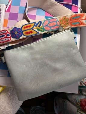 Women’s Crossbody Bag with Embroidered Strap - Light Blue